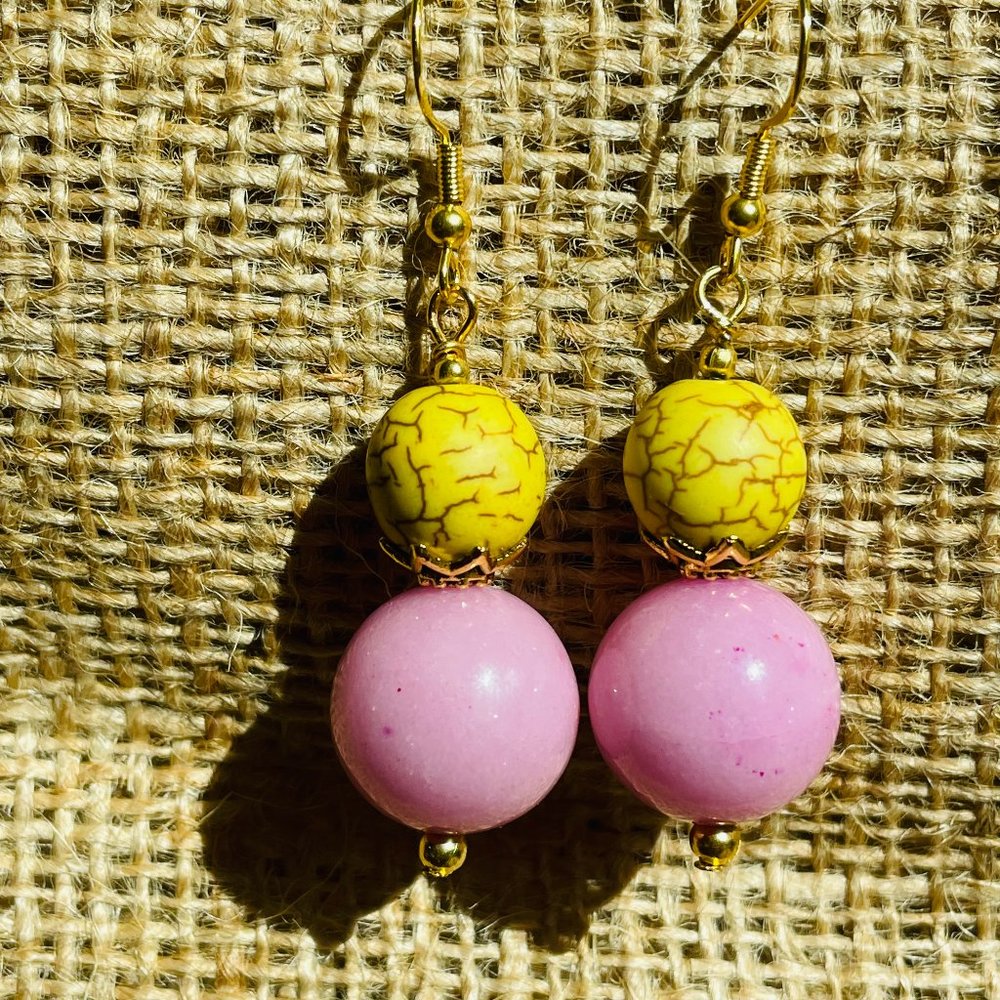 Yellow Howlite Pink Ceramic Gold Drop Pierced Artisan Earrings 2 ¼”
